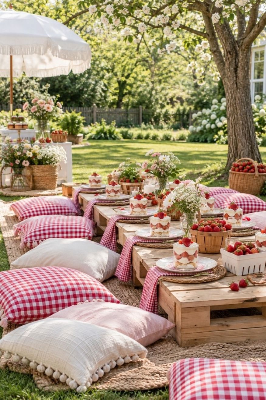Red gingham cushions arranged around low wooden pallet tables decorated with fresh strawberry baskets and individual shortcake jars