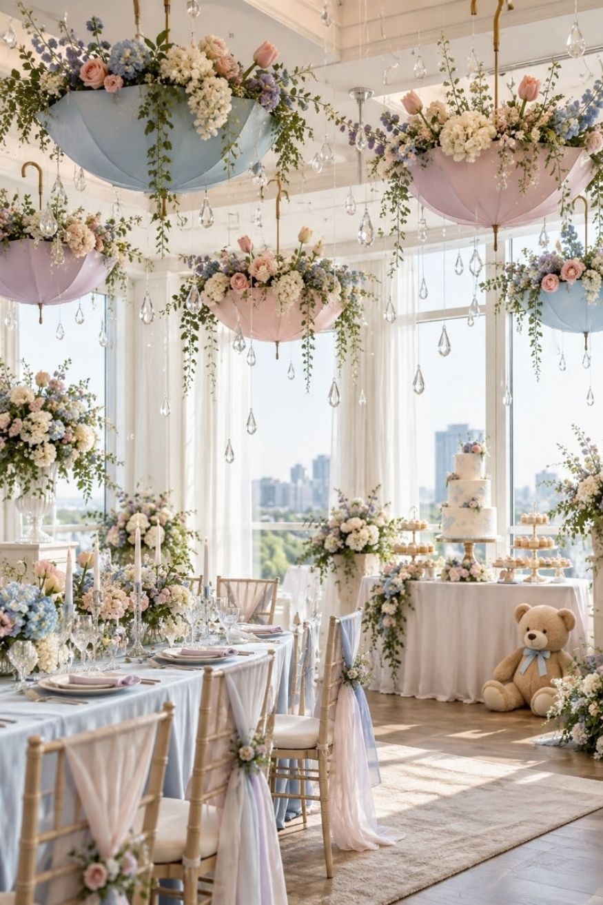 Pastel umbrellas suspended upside down from ceiling filled with silk flowers and hanging glass raindrop crystals