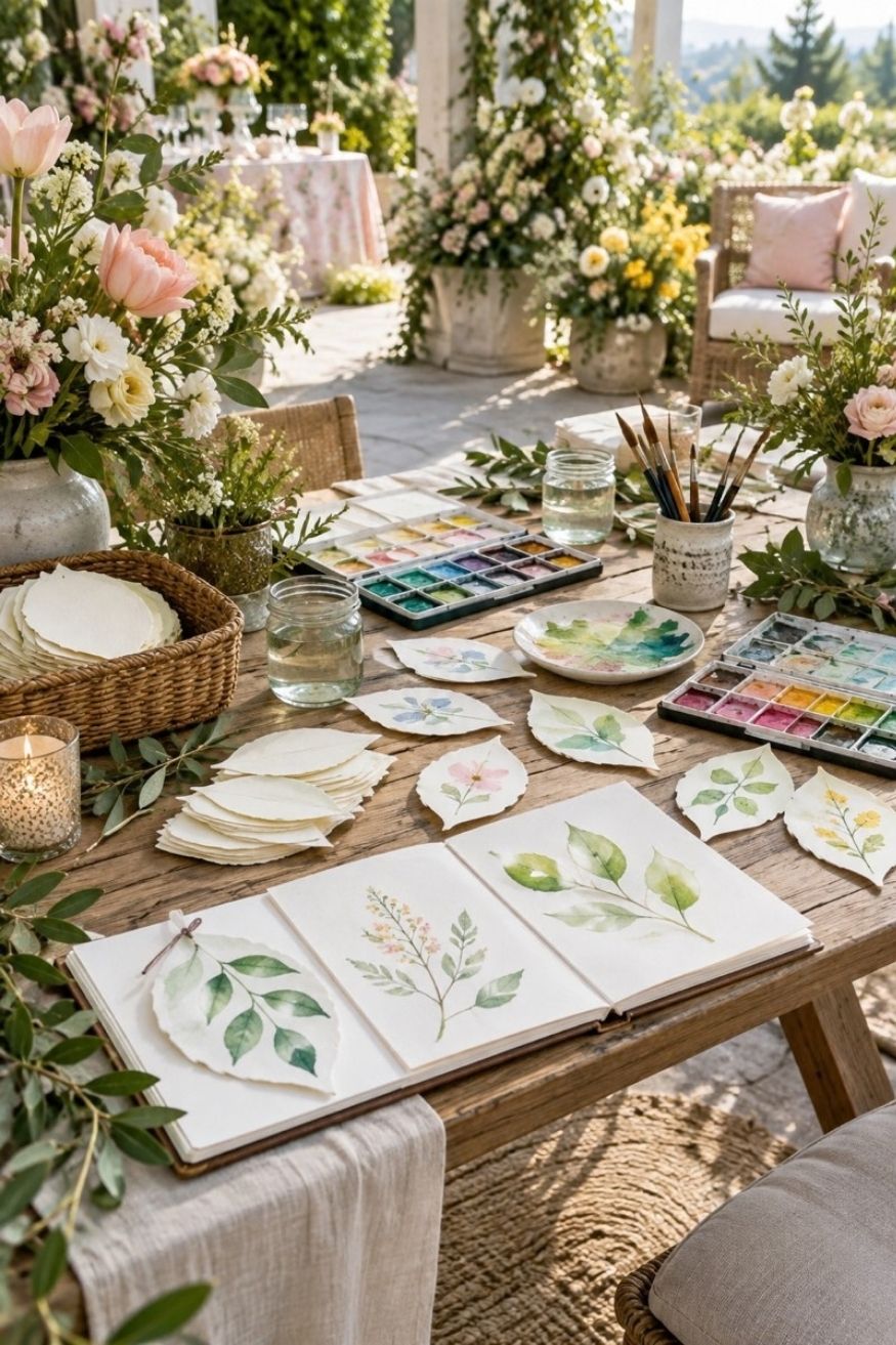 Watercolor paper wish cards, watercolor paint pans, and paintbrushes laid out for guests to create baby shower wish keepsakes