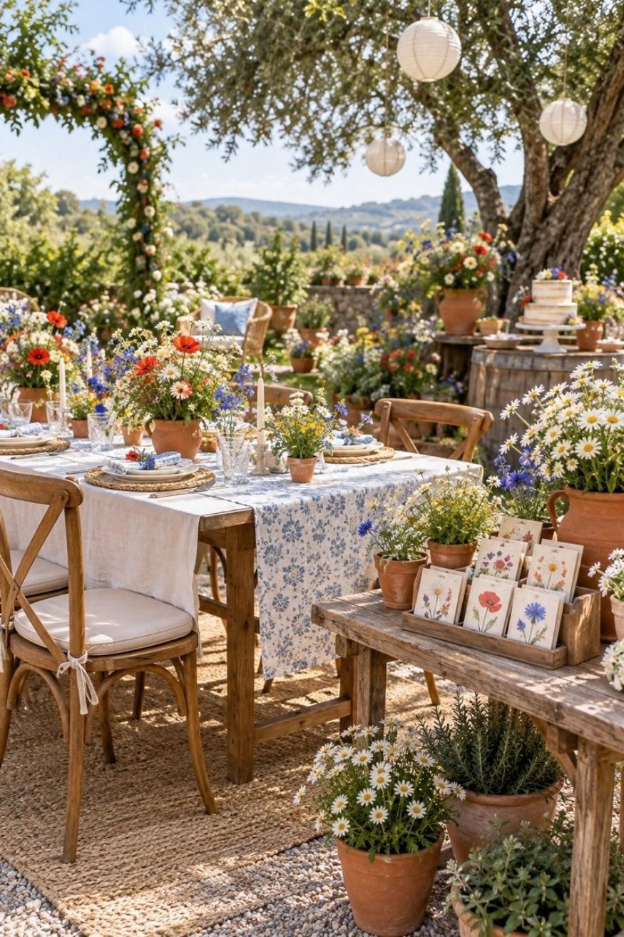 Terracotta pots filled with loose stems of chamomile, poppies, and cornflowers arranged on a wooden table with seed packet favors
