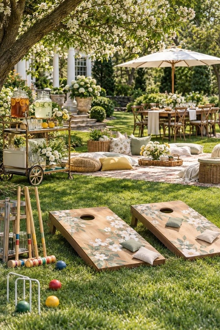 Custom wooden cornhole boards decorated with floral decals set up on a green lawn with glass iced tea dispensers