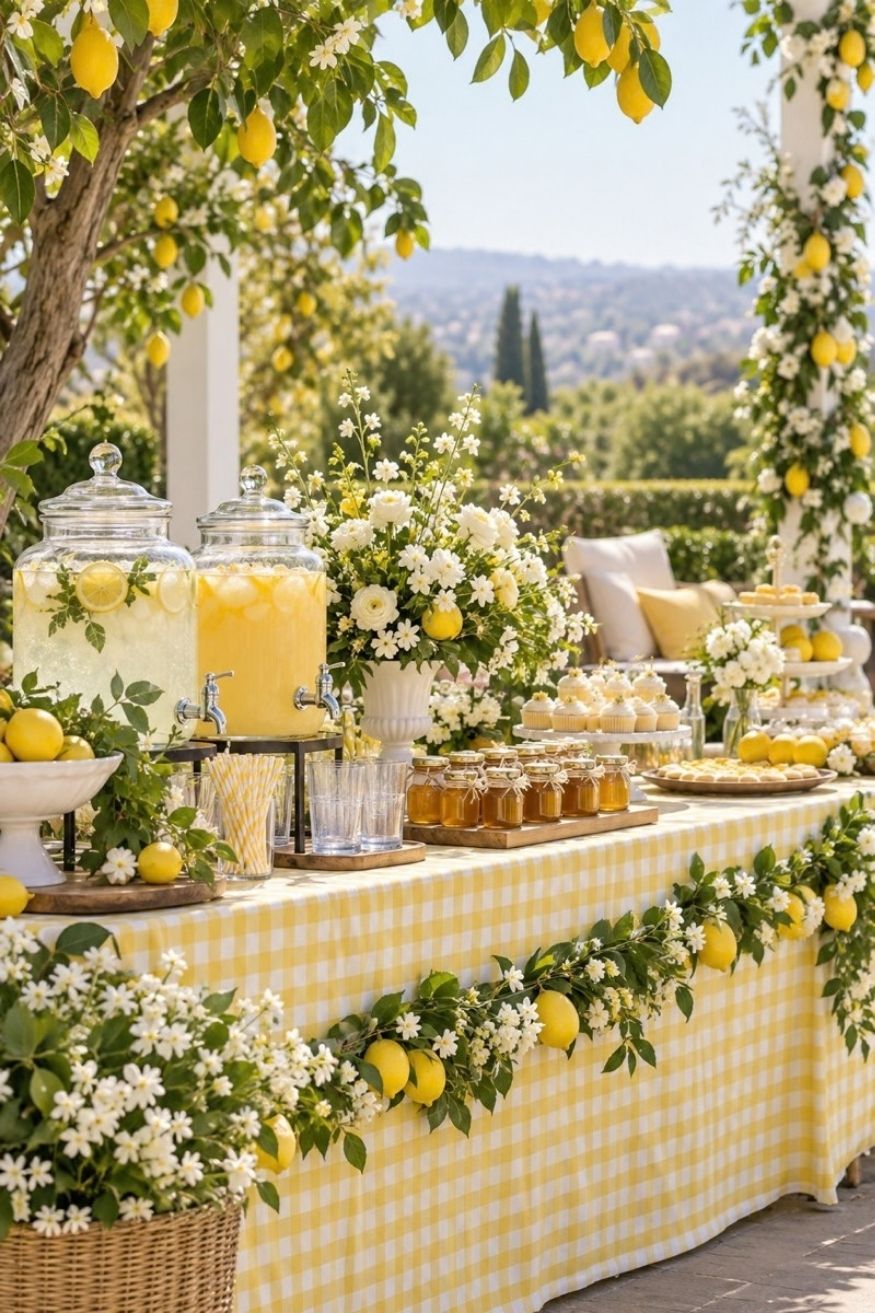 Yellow gingham tablecloth decorated with fresh lemon garlands, white orange blossoms, and mini honey jars