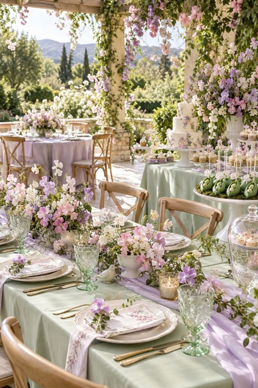 Soft mint and lilac table drapes decorated with sweet pea vines and sweet pea pod cake pops