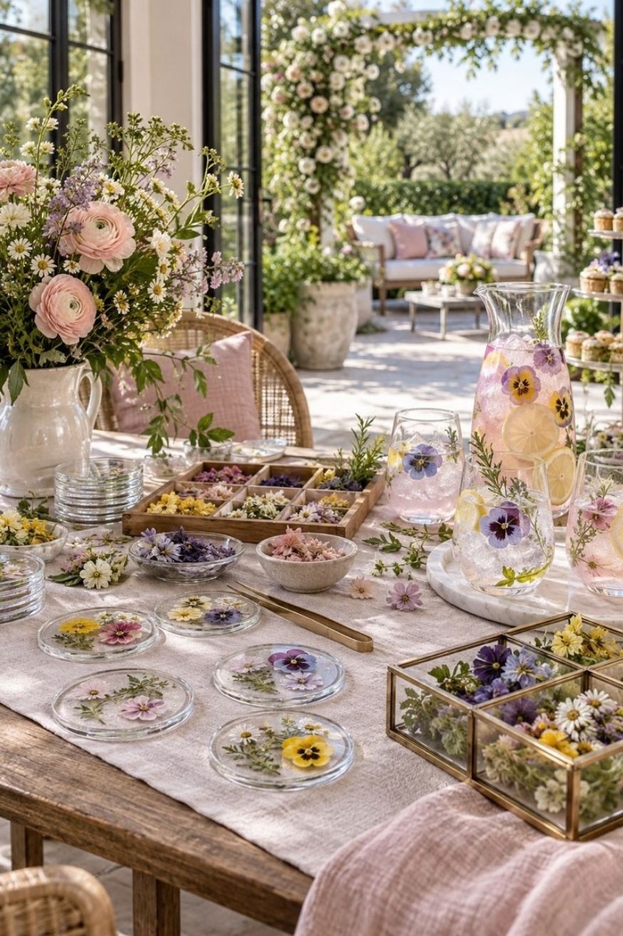 Clear glass coaster craft station with tweezers, dried pressed blooms, and iced botanical drinks with pansy ice cubes