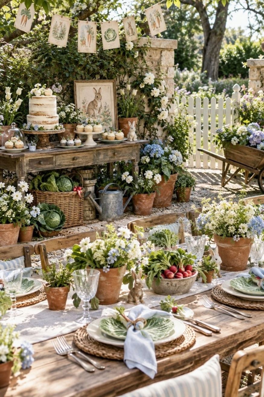 Cabbage leaf serving platters, radish bundles, and terracotta pots arranged in front of a vintage Beatrix Potter storybook backdrop
