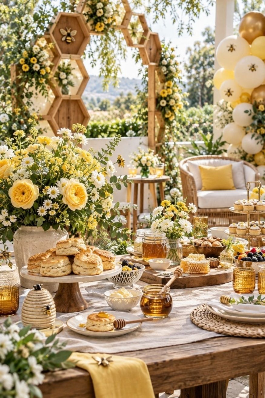 Wooden honeycomb arch backdrop decorated with yellow garden roses and a buttermilk biscuit honey bar