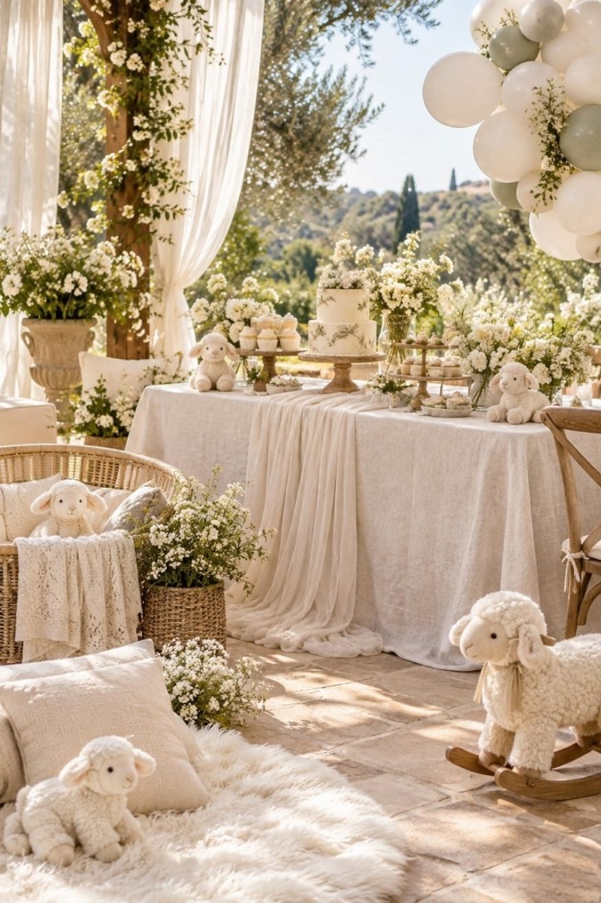 Ivory table linens draped with fluffy faux fur accents, cloud tulle arrangements, and soft plush lamb favors