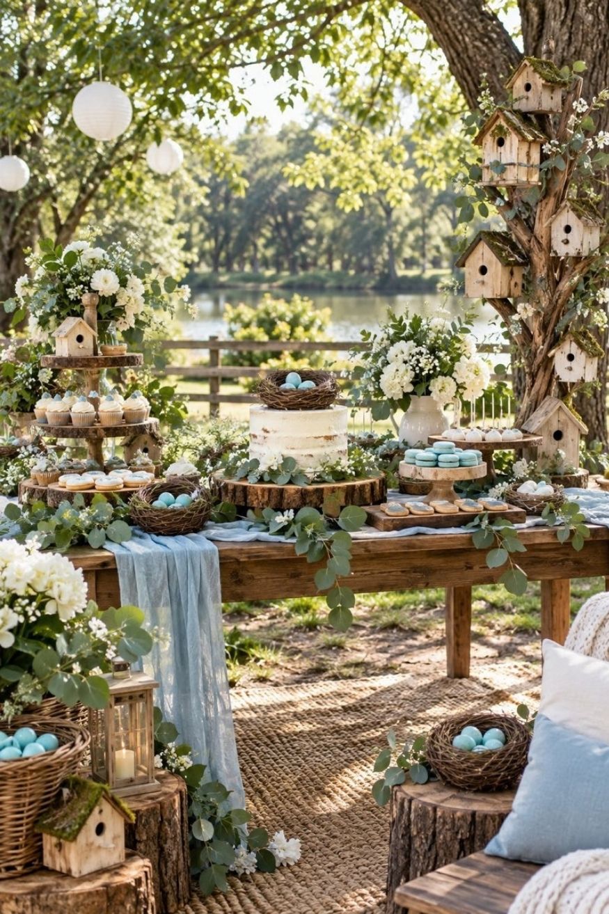 Woven twig nests filled with robin egg blue candies and eucalyptus sprigs alongside a mini wooden birdhouse guestbook