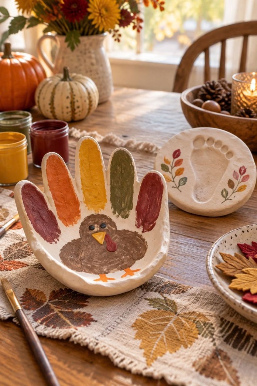 Child handprint dish cut from white air-dry clay with fingers painted in warm autumn feather colors