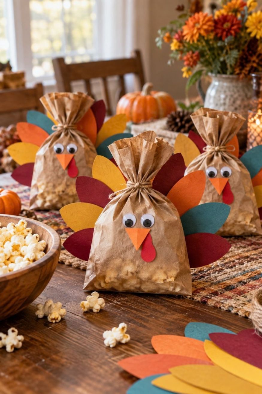 Brown paper lunch sack filled with popcorn and decorated with colorful paper feather fan back