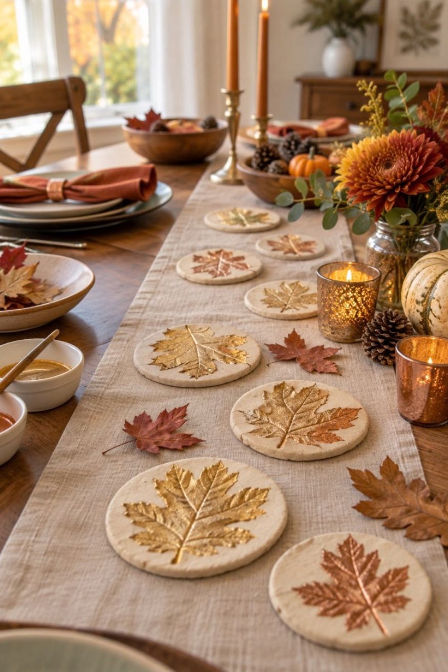 Salt dough medallion stamped with oak and maple leaf impressions and painted with metallic gold and copper paints