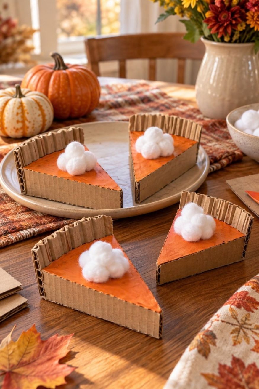 Cardboard wedge pie slice painted orange with corrugated cardboard crust and cotton ball whipped cream