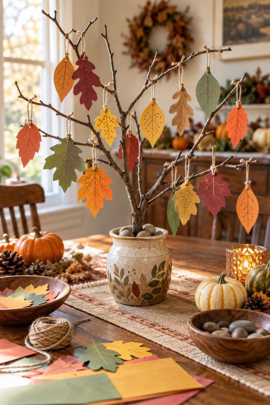 Ceramic vase holding a sturdy tree branch hung with paper leaves featuring handwritten family thankfulness notes