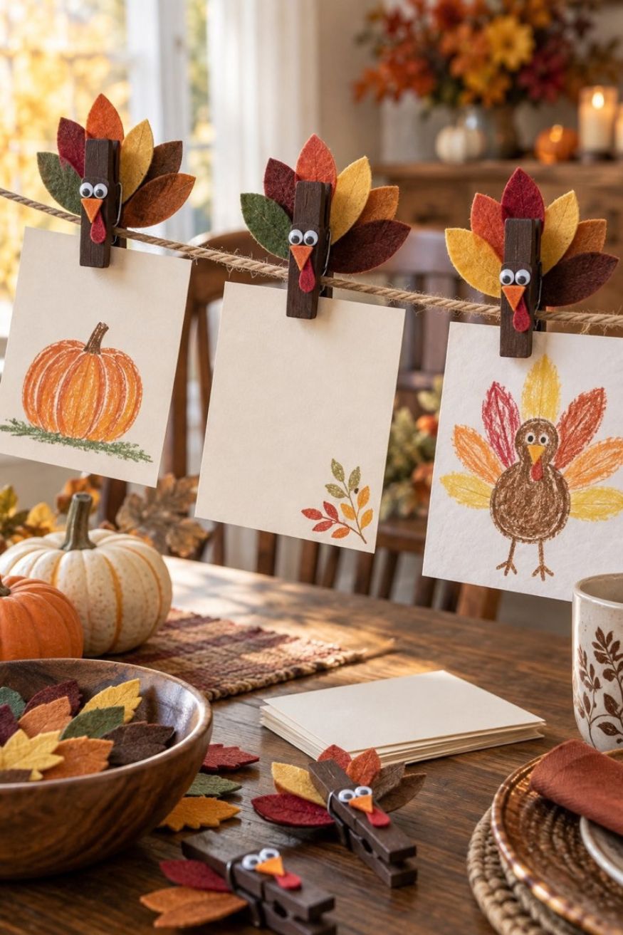 Wooden spring clothespin painted brown with felt turkey head front and layered felt feather fan back holding a menu card