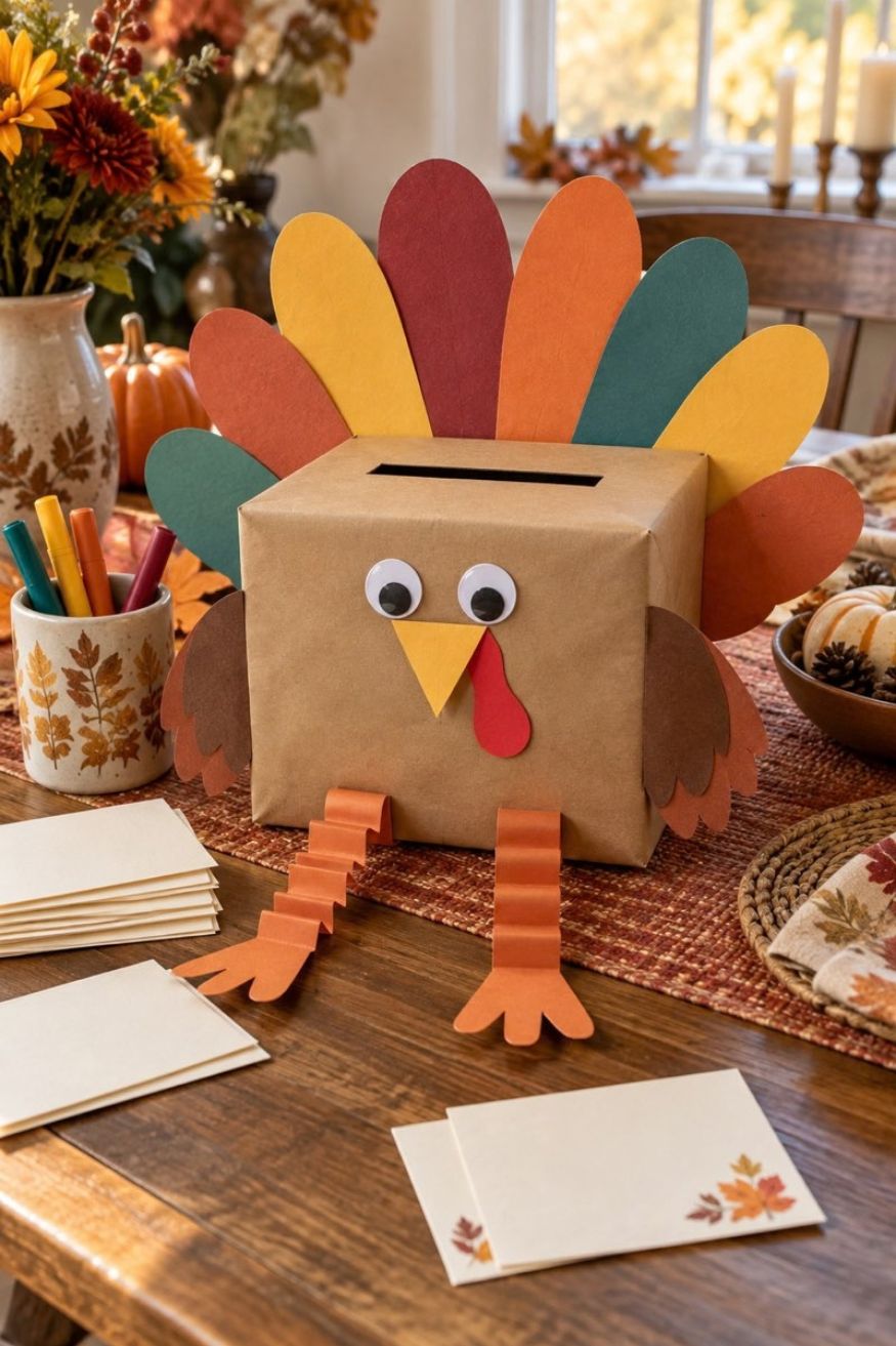 Recycled cereal box wrapped in brown Kraft paper with top slot for gratitude notes and accordion folded paper legs