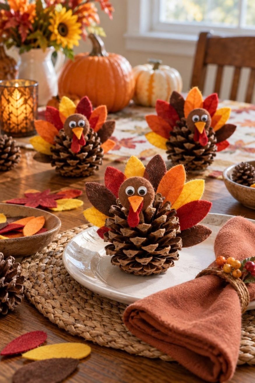 Backyard pinecone decorated with red, orange, and yellow felt feather cutouts and googly eyes into a turkey figure