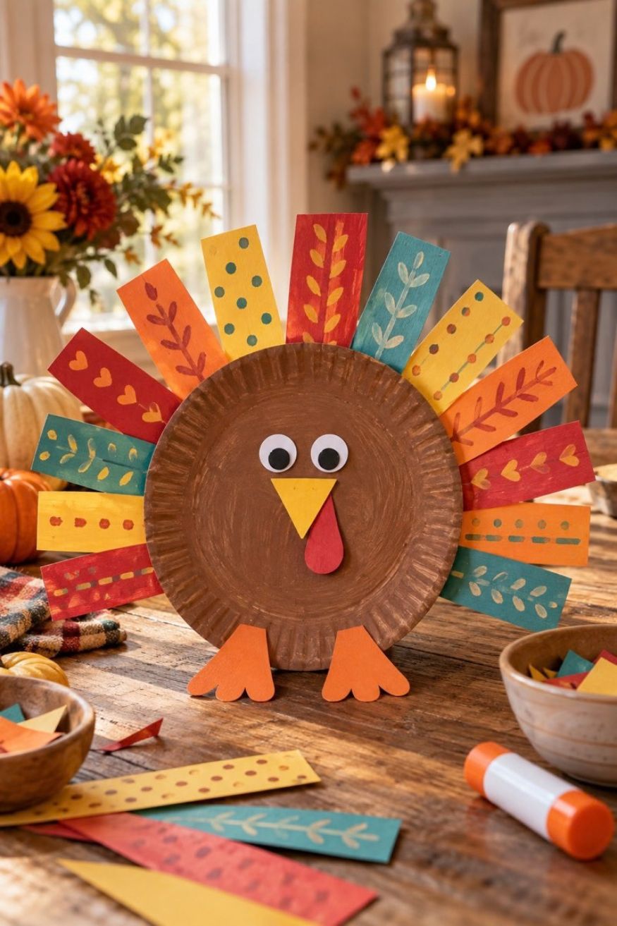 Brown painted paper plate turkey with construction paper feathers featuring written family gratitude messages