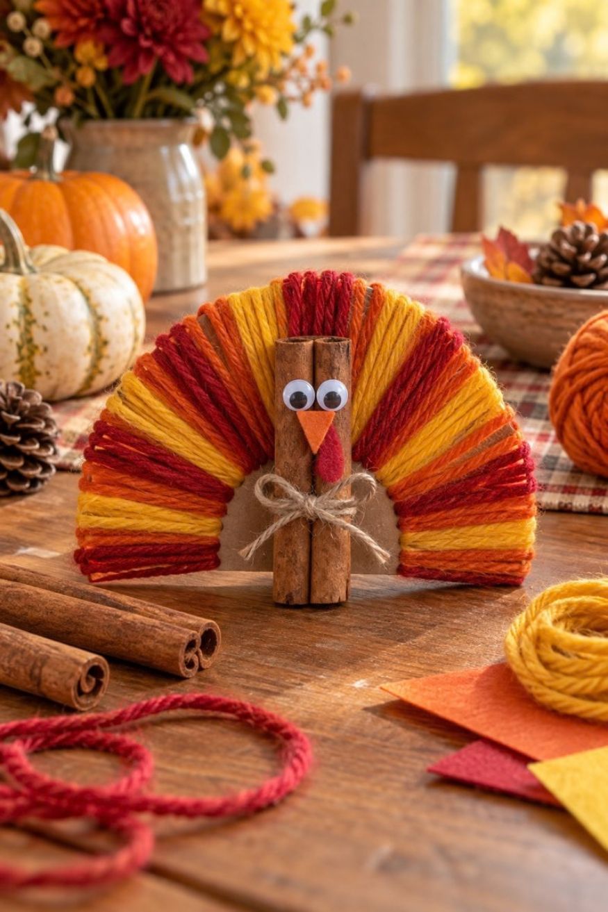 Whole cinnamon sticks wrapped with red, orange, and yellow yarn into a scented turkey table craft