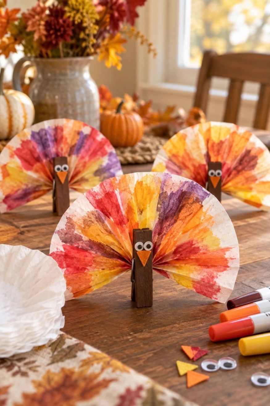 Tie dyed coffee filter watercolor feathers clipped inside a brown painted wooden clothespin turkey body