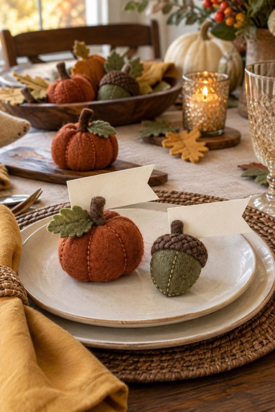 Rust and sage wool felt pumpkin and acorn cutouts attached to wooden place card holders with guest name banners