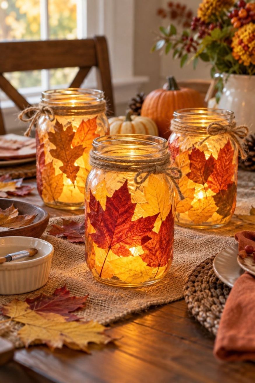 Clear glass mason jar decoupaged with pressed maple leaves and glowing with a battery LED candle inside