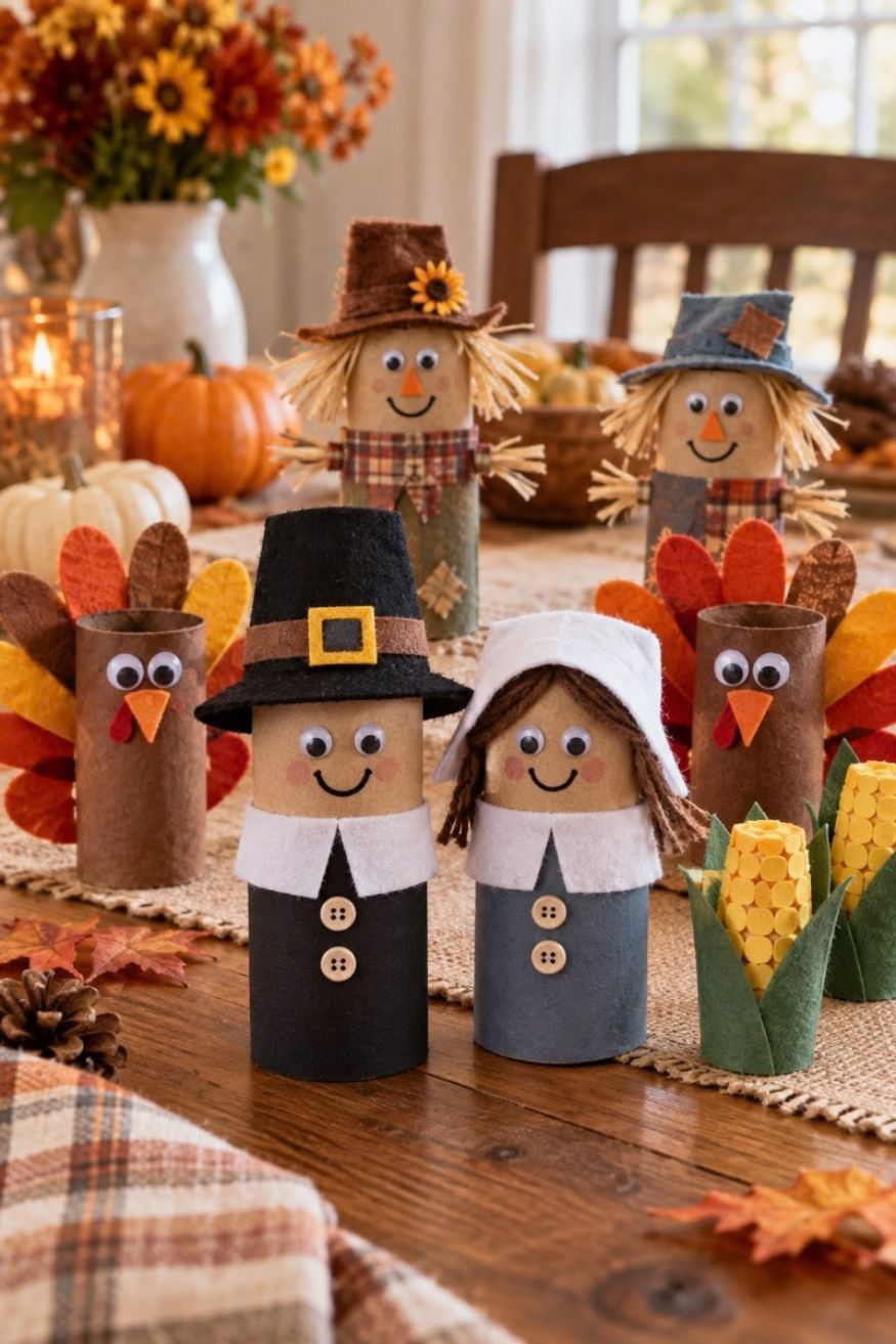 Recycled paper tubes crafted into pilgrim figures with black felt hats, white collars, and paper aprons