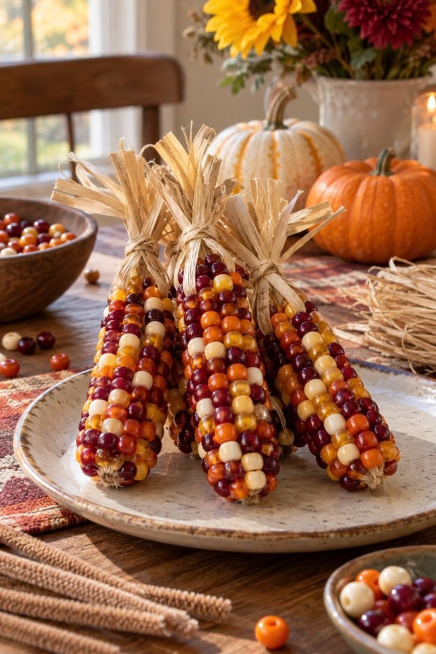 Tan pipe cleaner spokes threaded with burgundy, amber, and orange pony beads tied into a corn cob bundle