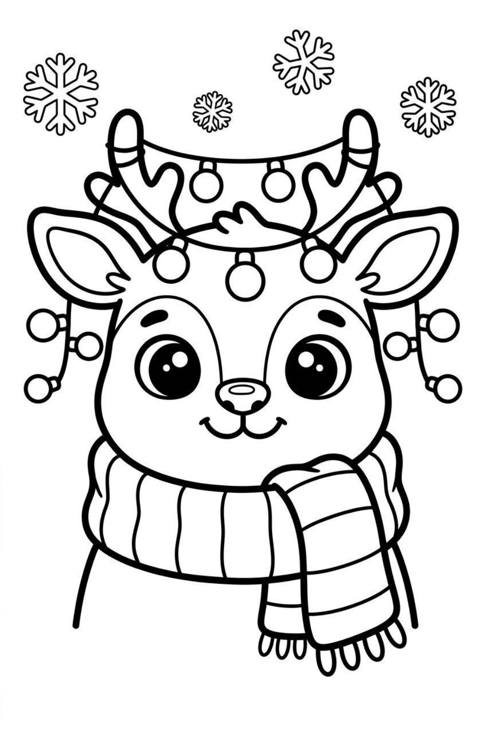 An adorable bold outline coloring page of a cute baby reindeer wrapped in a chunky knitted scarf with holiday lights on its antlers