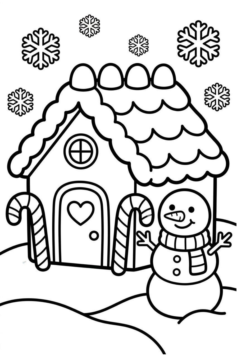 A simple bold outline coloring page of a sweet gingerbread cottage with a heart door, candy canes, and a smiling snowman