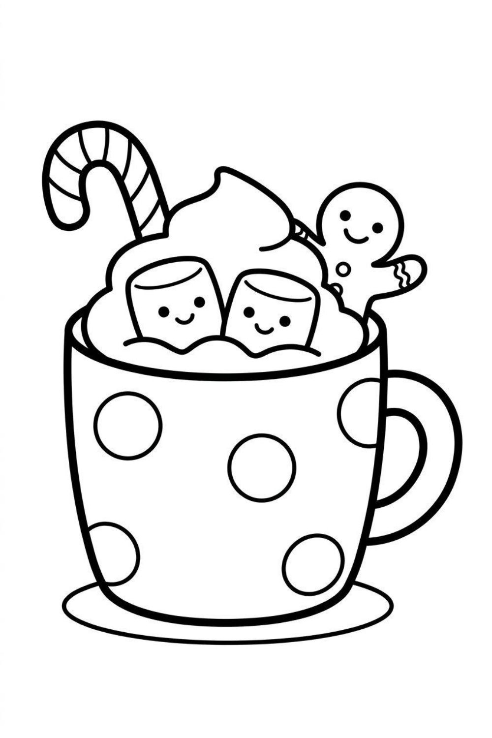 A simple bold and easy coloring page of a polka-dot cocoa mug with whipped cream, smiling marshmallows, candy cane, and a gingerbread man
