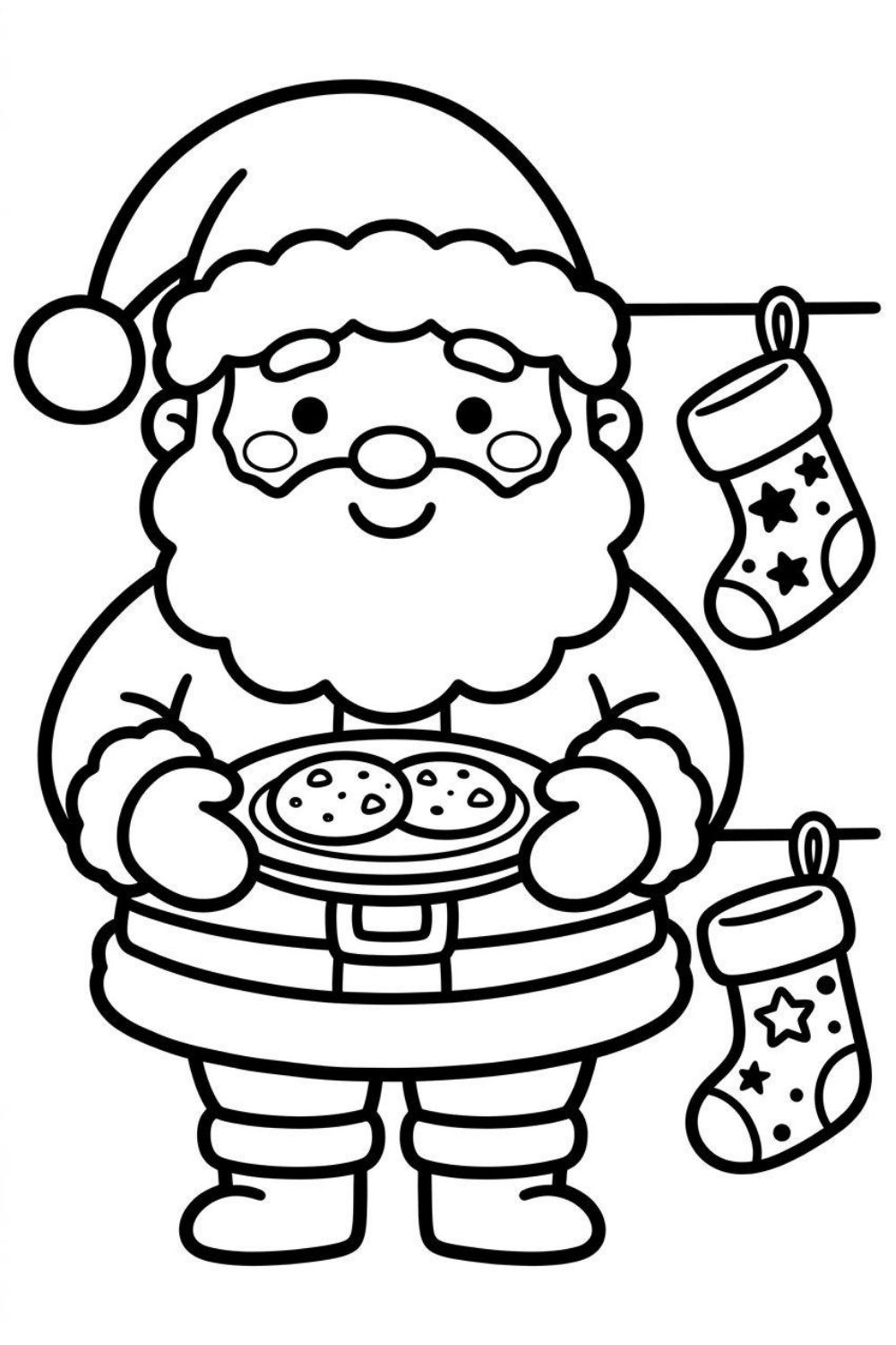 A friendly bold line coloring page of a round smiling Santa Claus holding a plate of holiday cookies with stockings hanging beside him