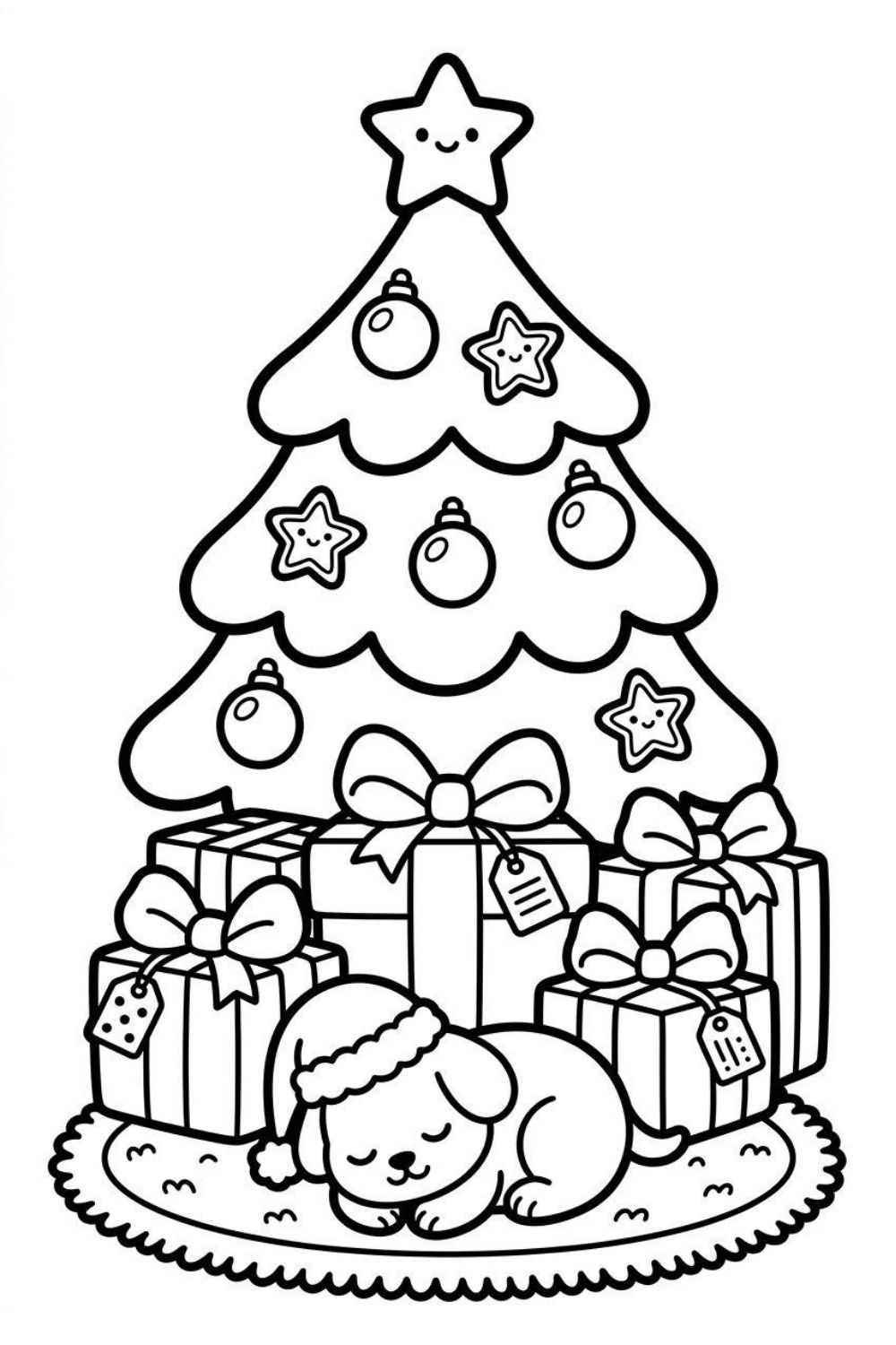 A cozy bold line coloring page of a plump Christmas tree with simple ornaments and a stack of big wrapped gift boxes