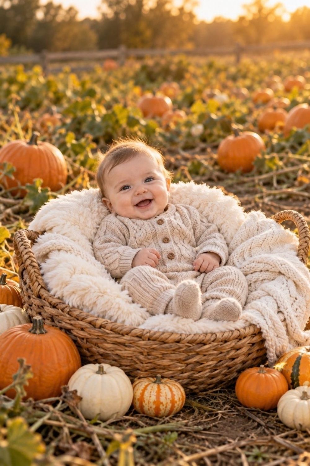 Swaddled baby resting in a woven rustic basket padded with cable knit blanket and surrounded by white heirloom pumpkins