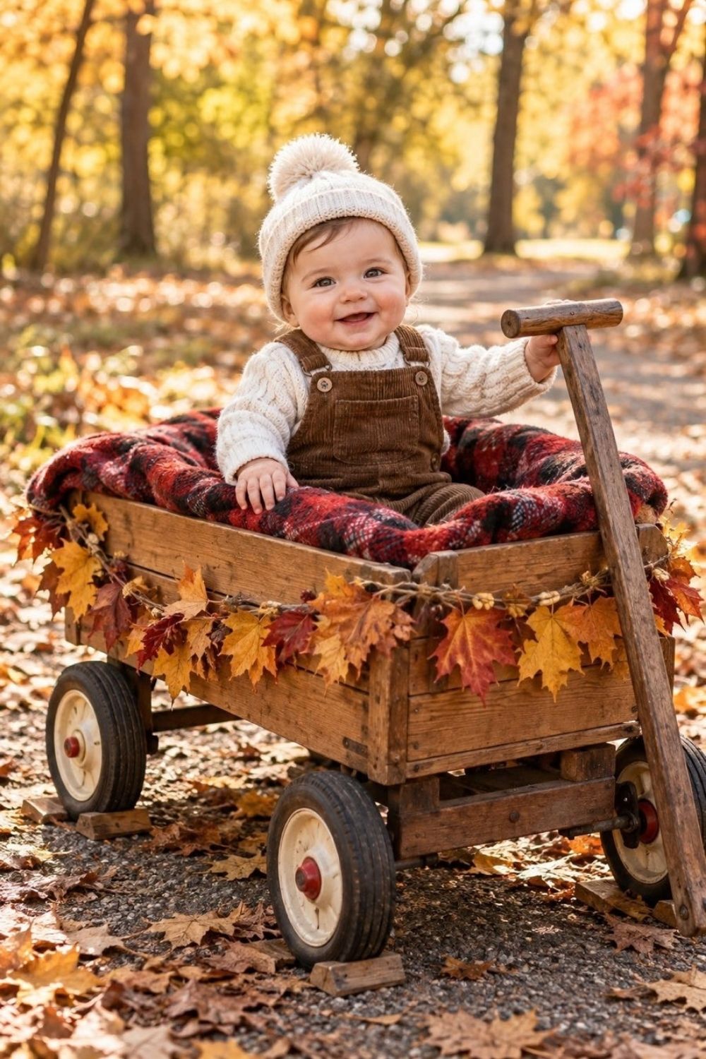 Baby sitting inside a padded mini wooden wagon lined with plaid fleece throw and leaf garland