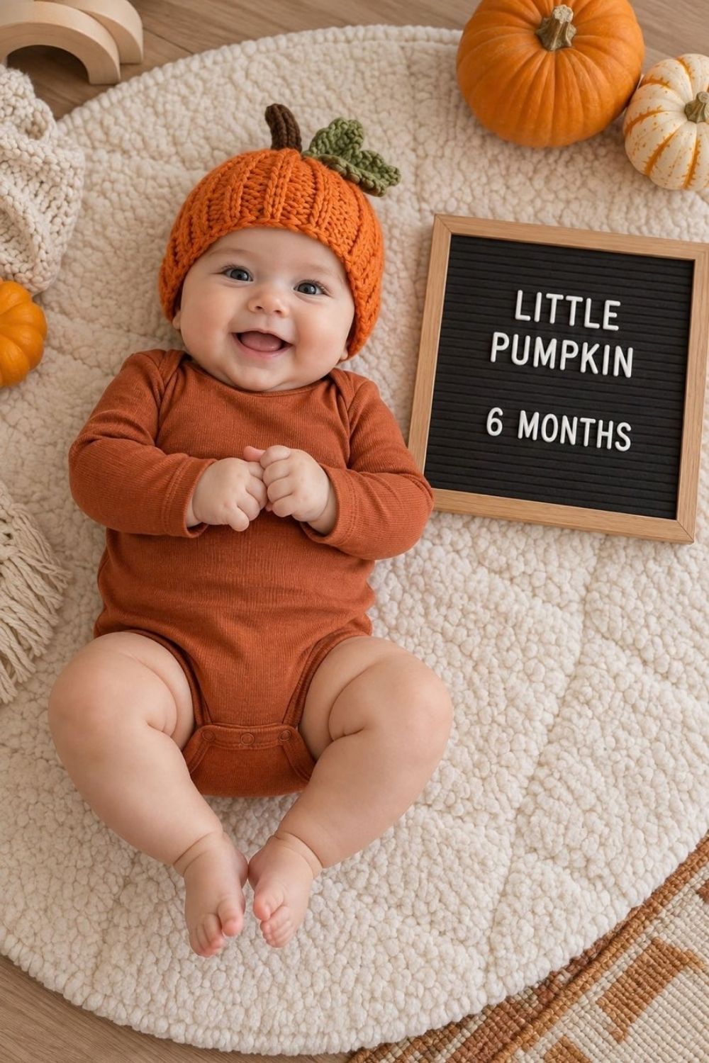 Baby wearing knitted pumpkin hat laying next to a letterboard sign with autumn milestone text