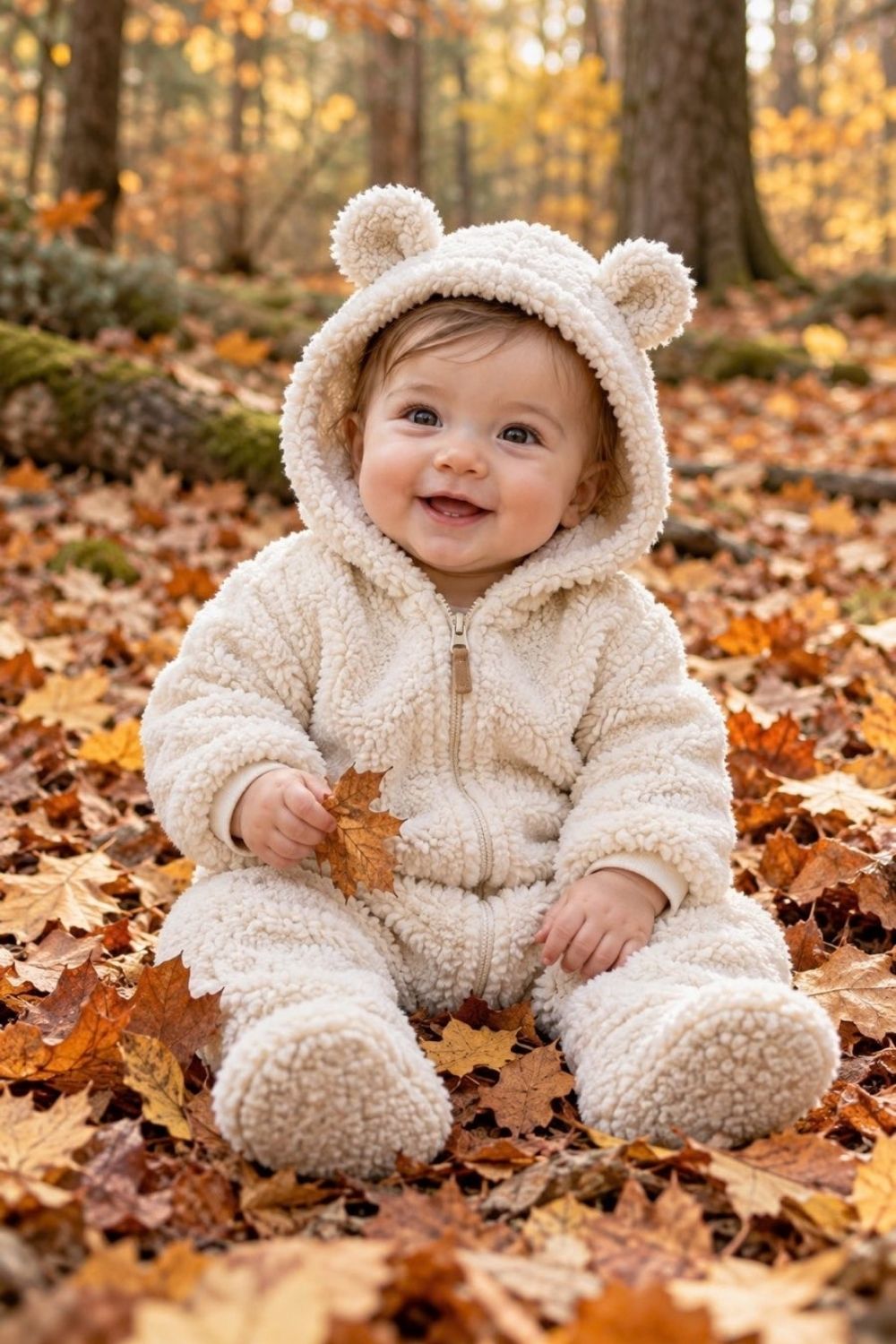Baby wearing fuzzy sherpa fleece bear romper with bear ear hood lying on a plush rug surrounded by leaves