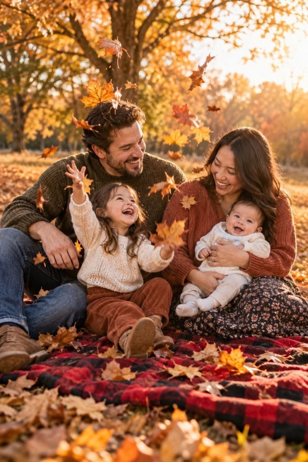 Parents holding baby on buffalo plaid blanket outdoors with colorful autumn leaves fluttering down overhead