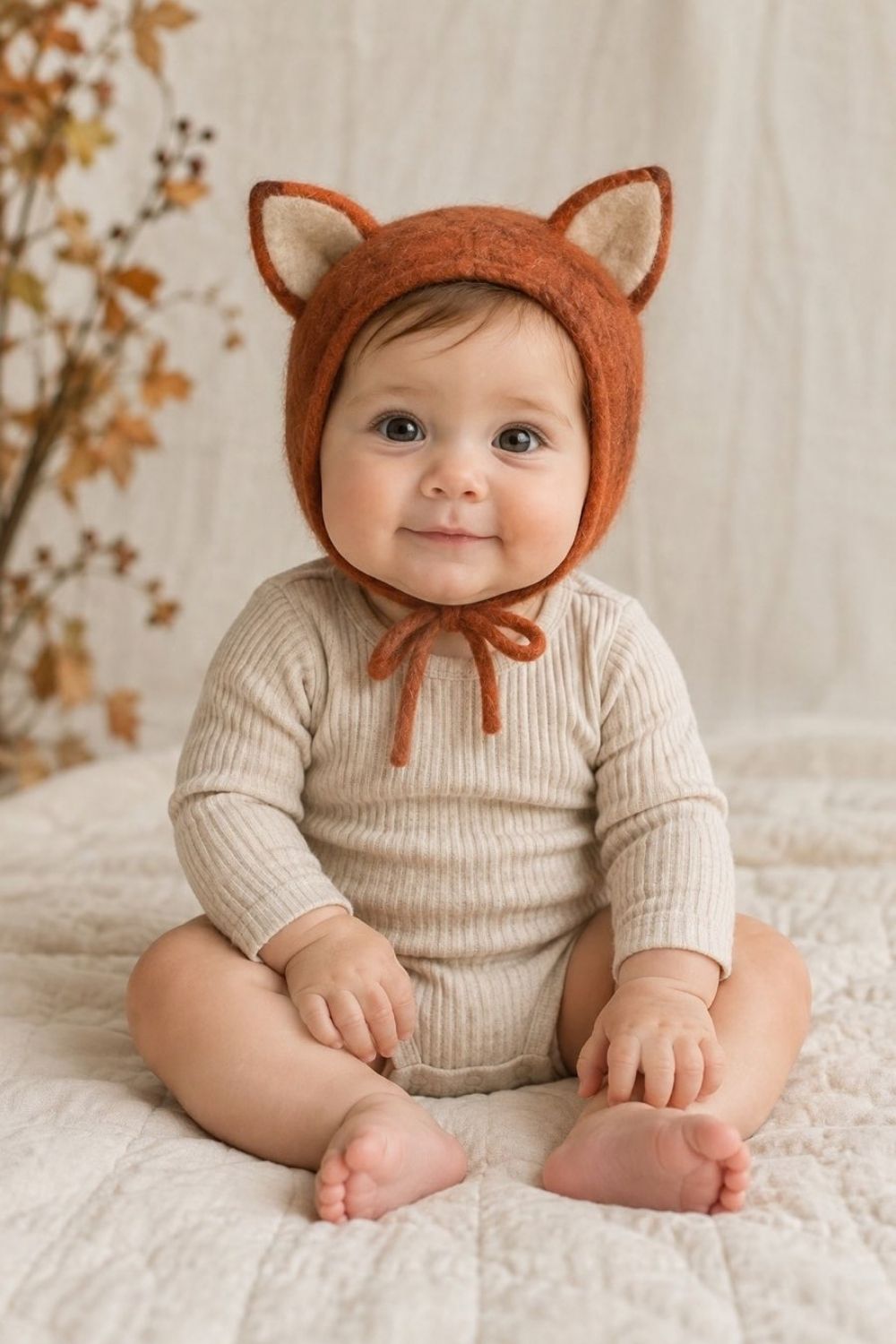 Baby wearing soft felt deer bonnet with ears and neutral ribbed onesie against simple cream background