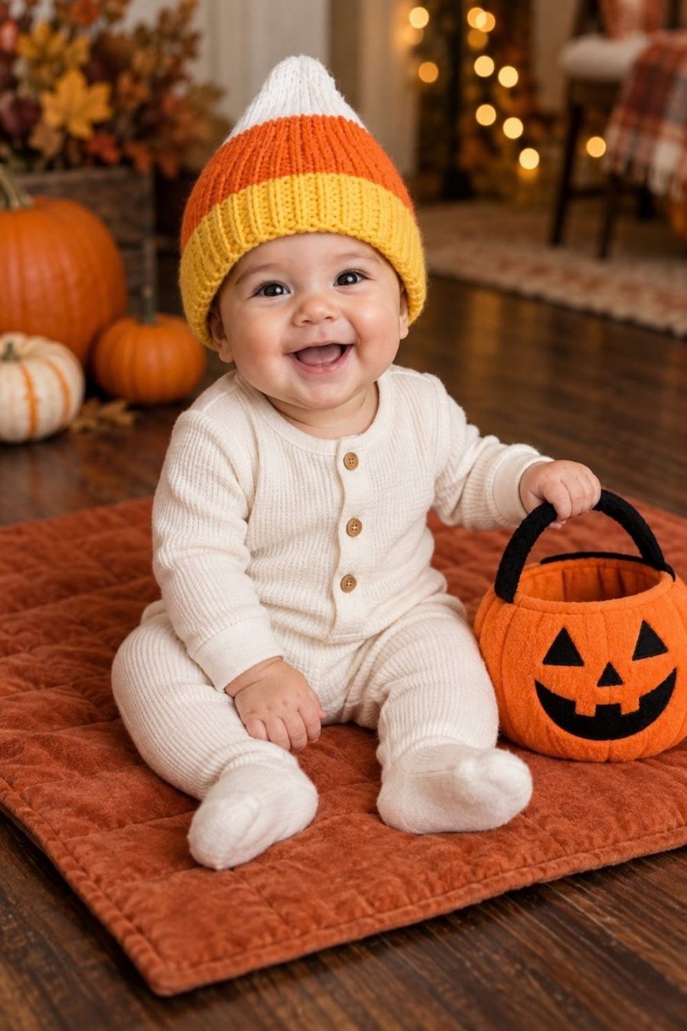 Baby wearing yellow orange and white candy corn knit hat next to a soft plush trick-or-treat bucket