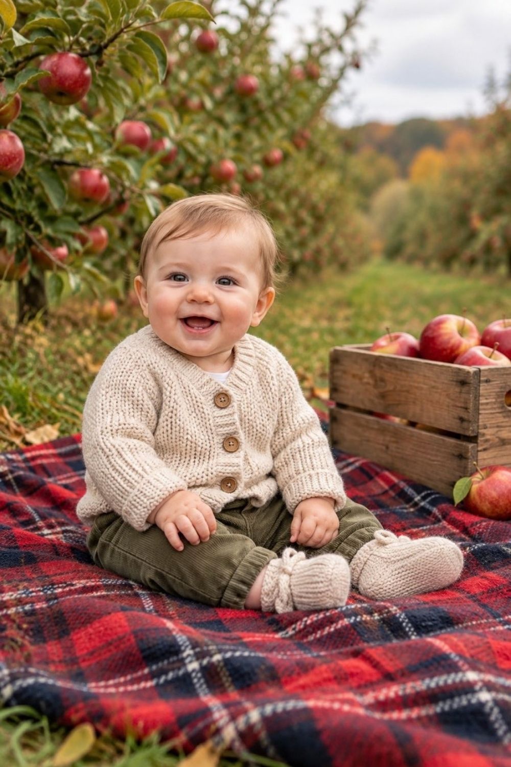 Baby sitting on a red and navy plaid flannel blanket next to a wooden apple crate filled with red apples in an orchard