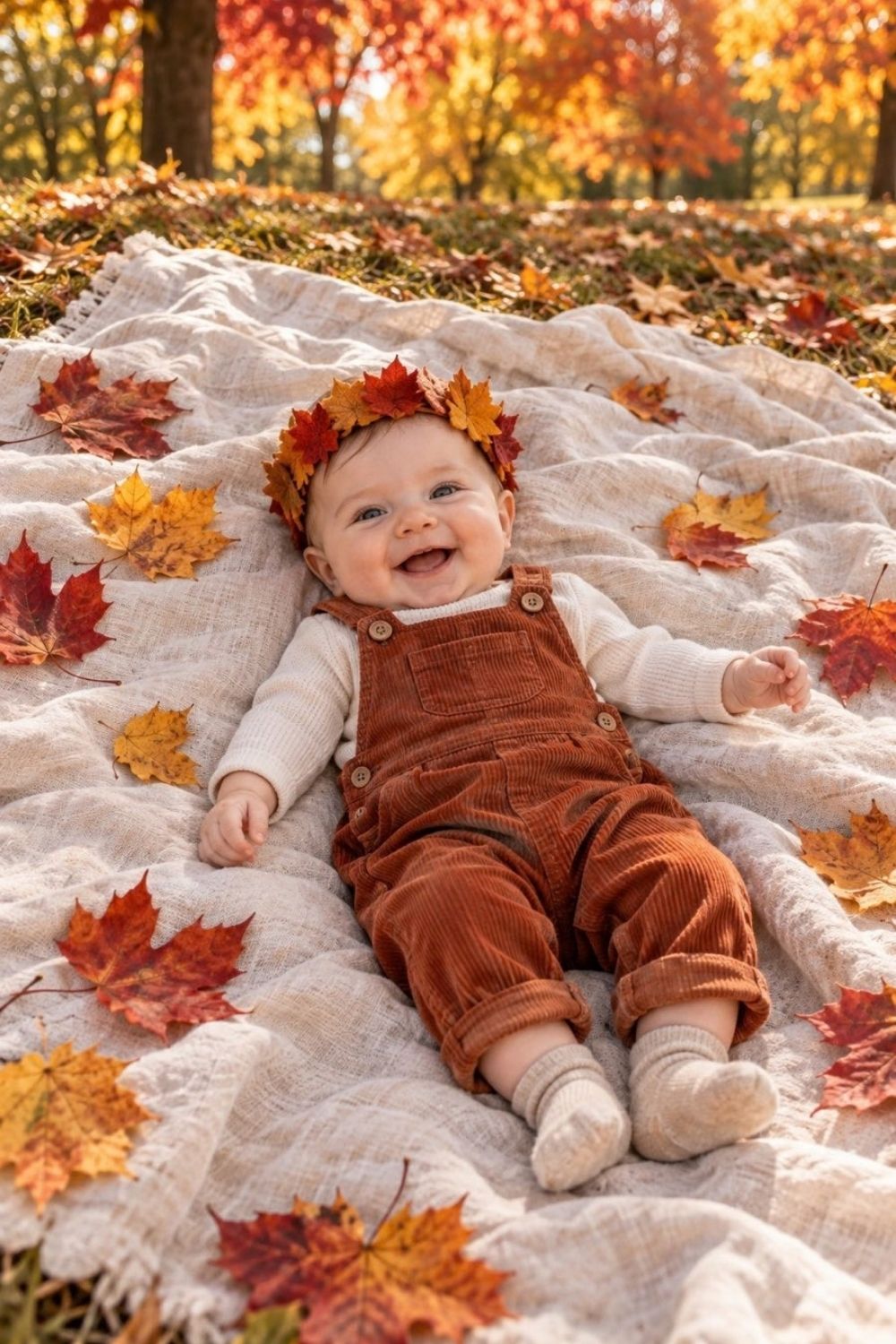 Baby wearing corduroy overalls and felt leaf crown laying on cream linen blanket covered in colorful maple leaves