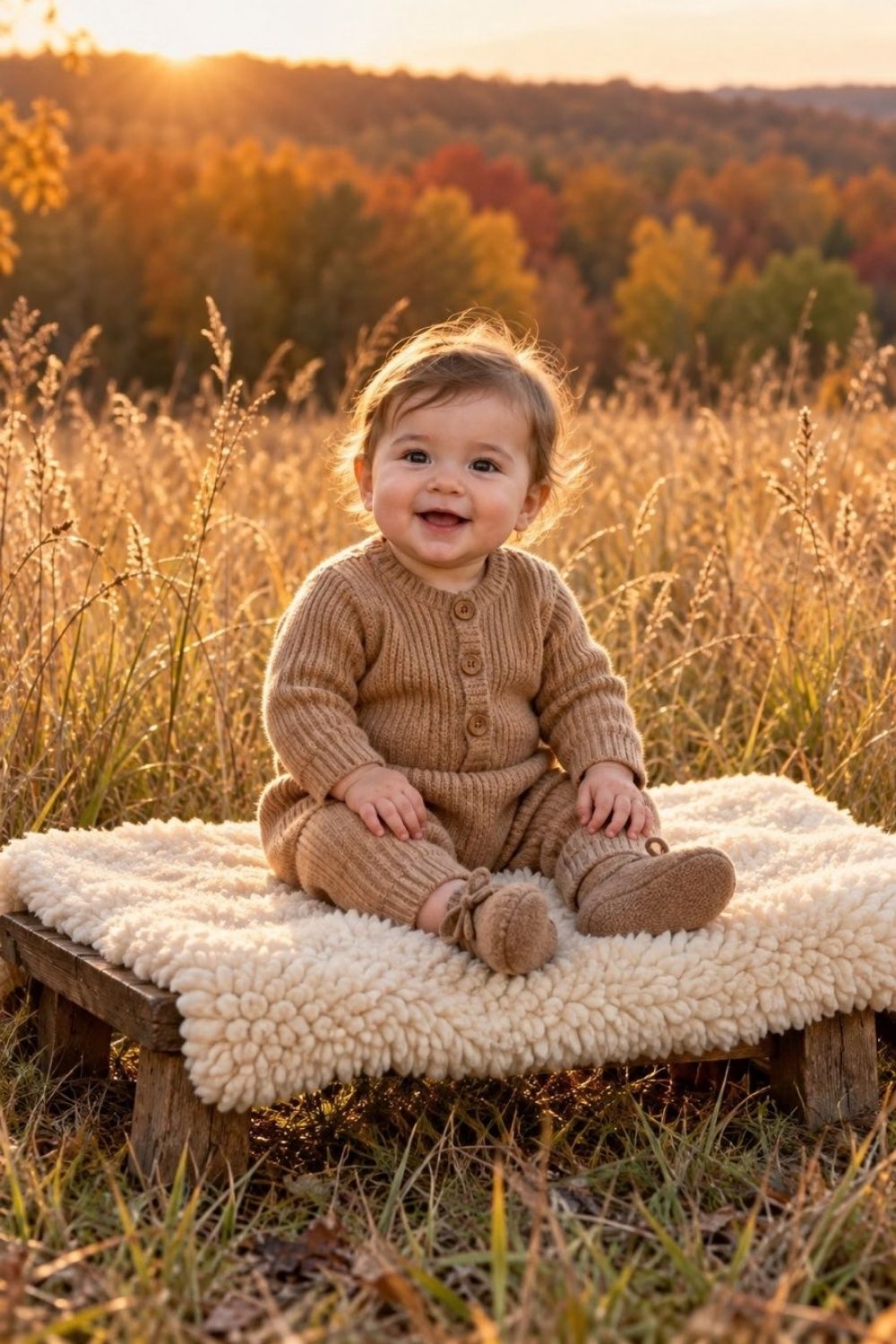 Baby sitting on shearling lined wooden bench in a tall golden meadow during warm sunset golden hour light