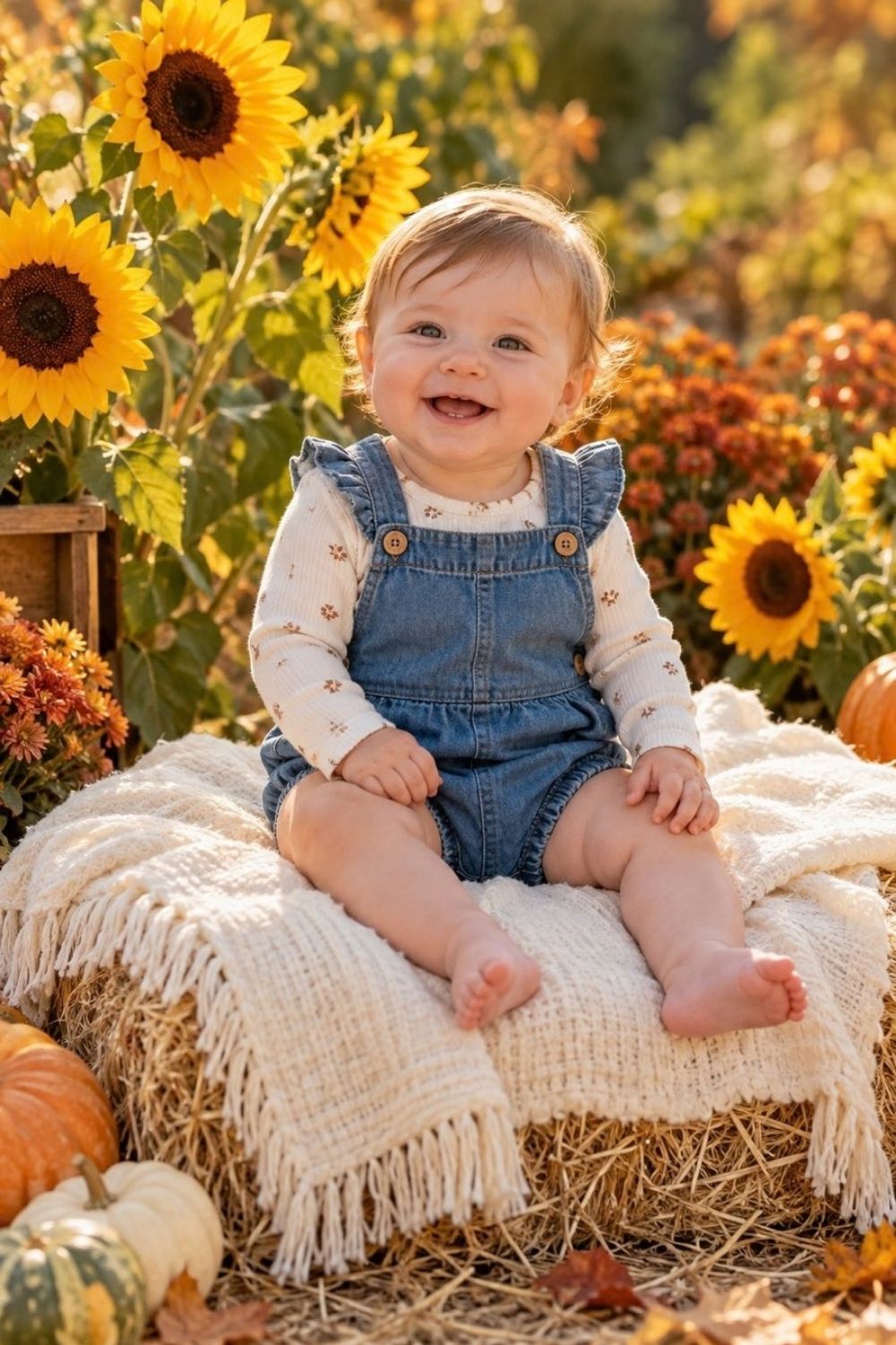 Baby wearing denim romper seated on a padded mini hay bale surrounded by bright yellow sunflowers