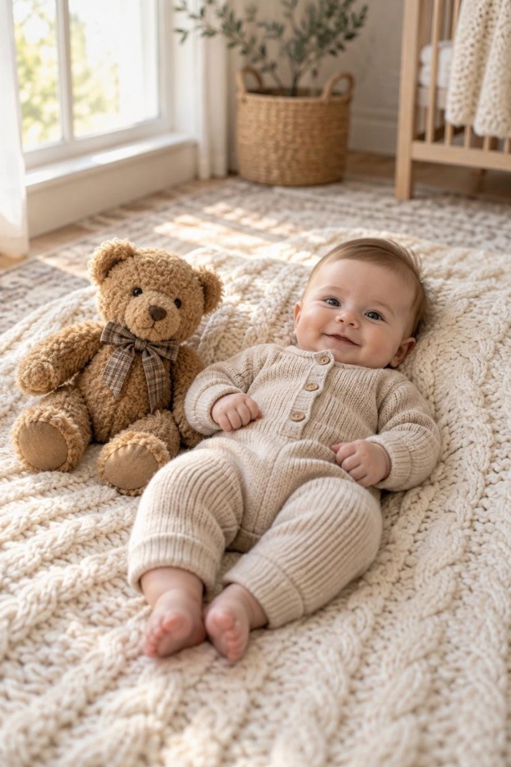 Baby lying on a thick cream cable knit throw next to a classic plush teddy bear near a window