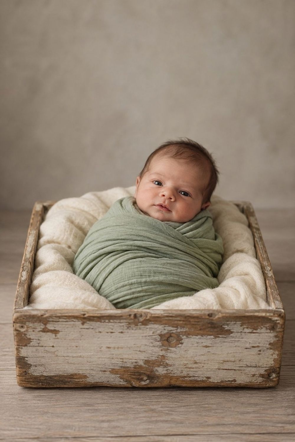 Swaddled newborn in sage green wrap sleeping comfortably inside a padded distressed wooden box crate