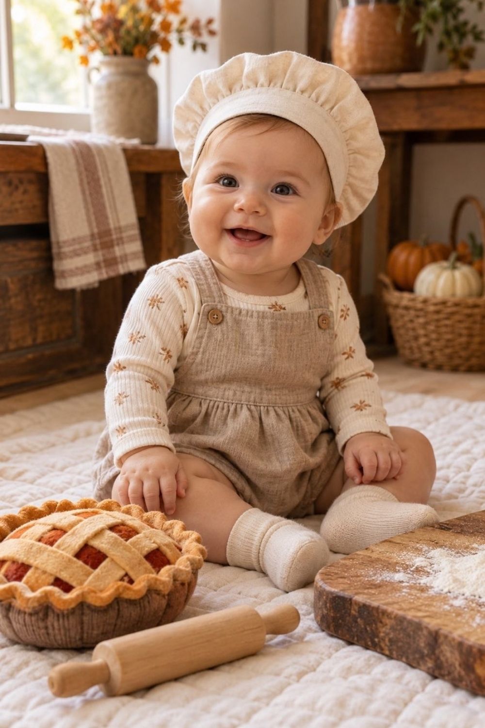 Baby wearing linen chef apron romper sitting next to a plush fabric pie prop and miniature wooden rolling pin