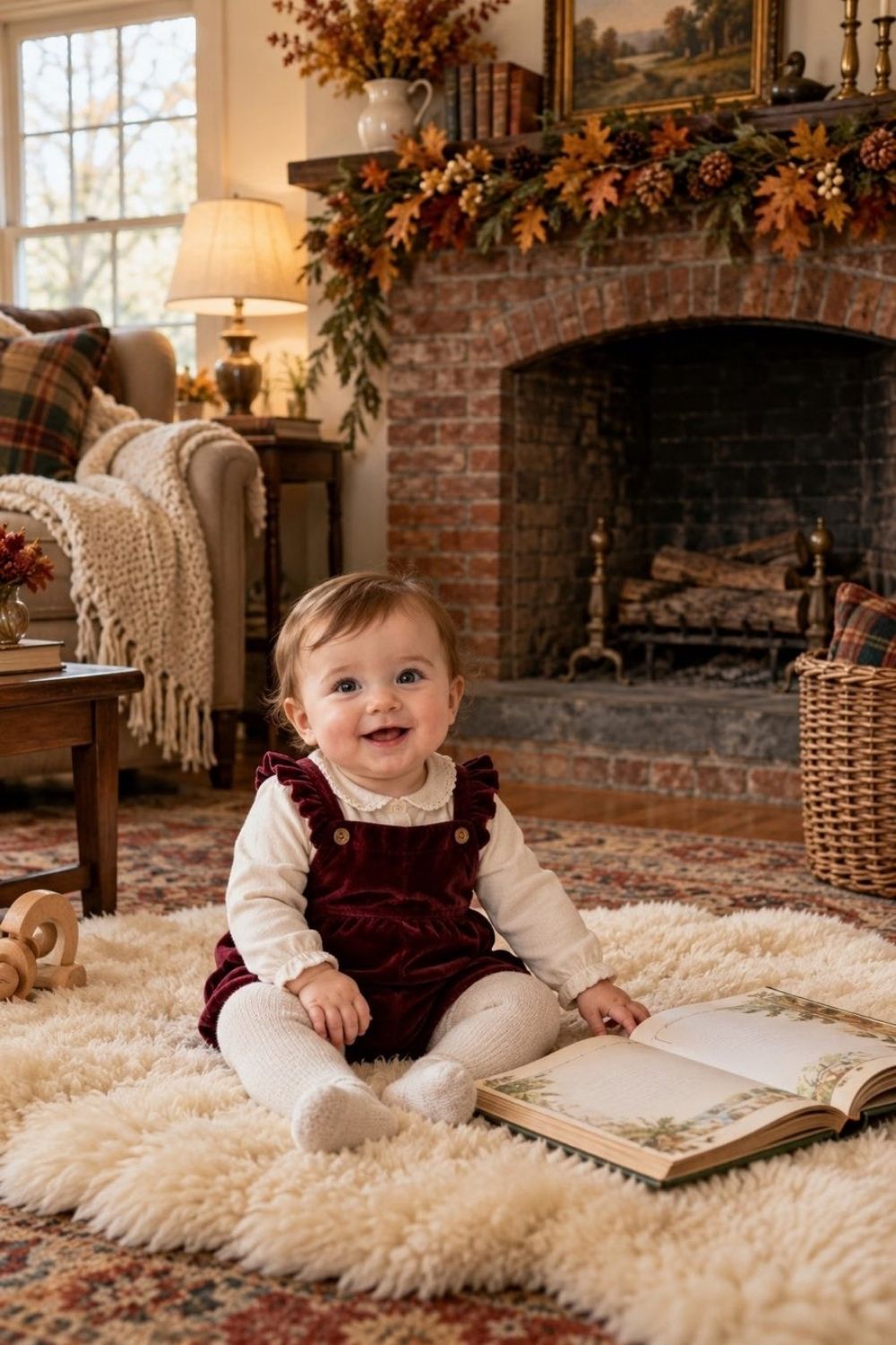 Baby wearing velvet romper lying on a sheepskin rug in front of a brick fireplace hearth with vintage storybook