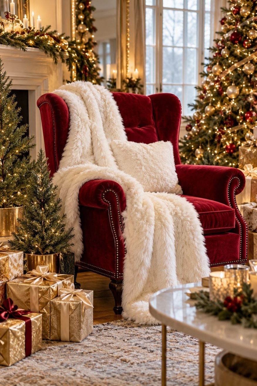 Crimson velvet armchair draped with ivory faux fur throw and framed with miniature potted evergreen trees