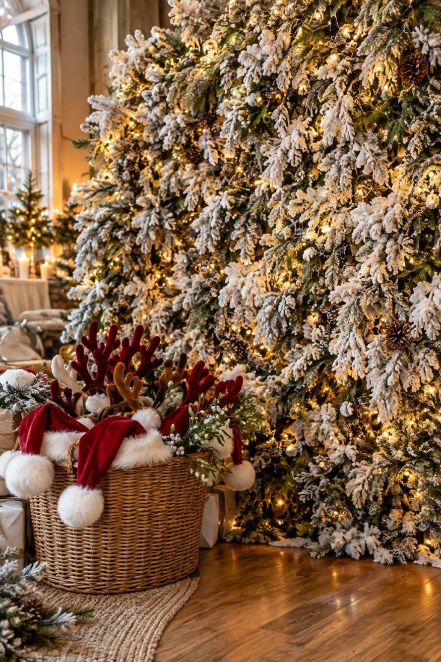 Dense flocked evergreen backdrop wall illuminated with hundreds of micro fairy lights with a basket of plush holiday props