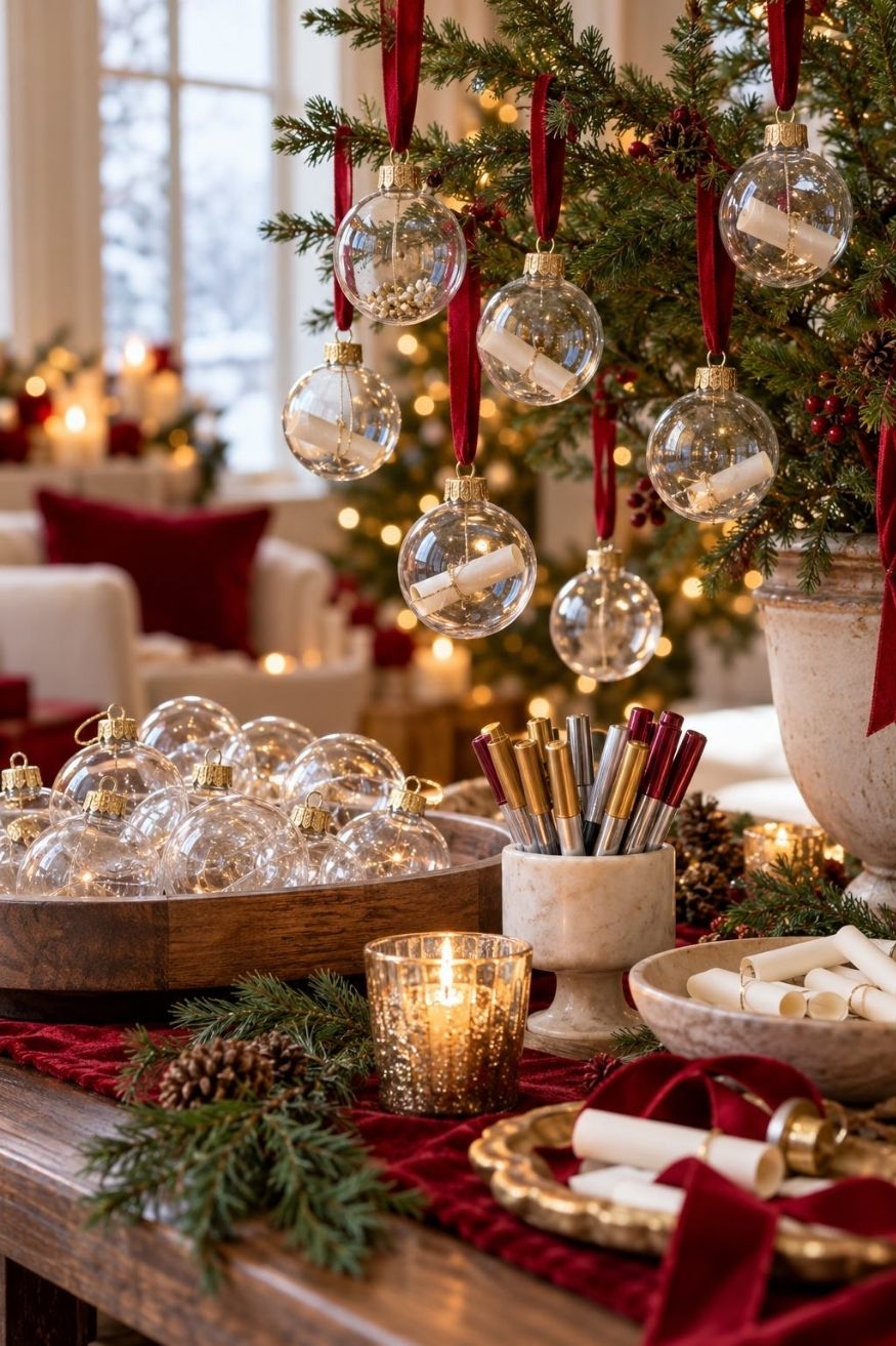 Clear shatterproof glass ornaments set out with rolled parchment paper wish strips and metallic pens